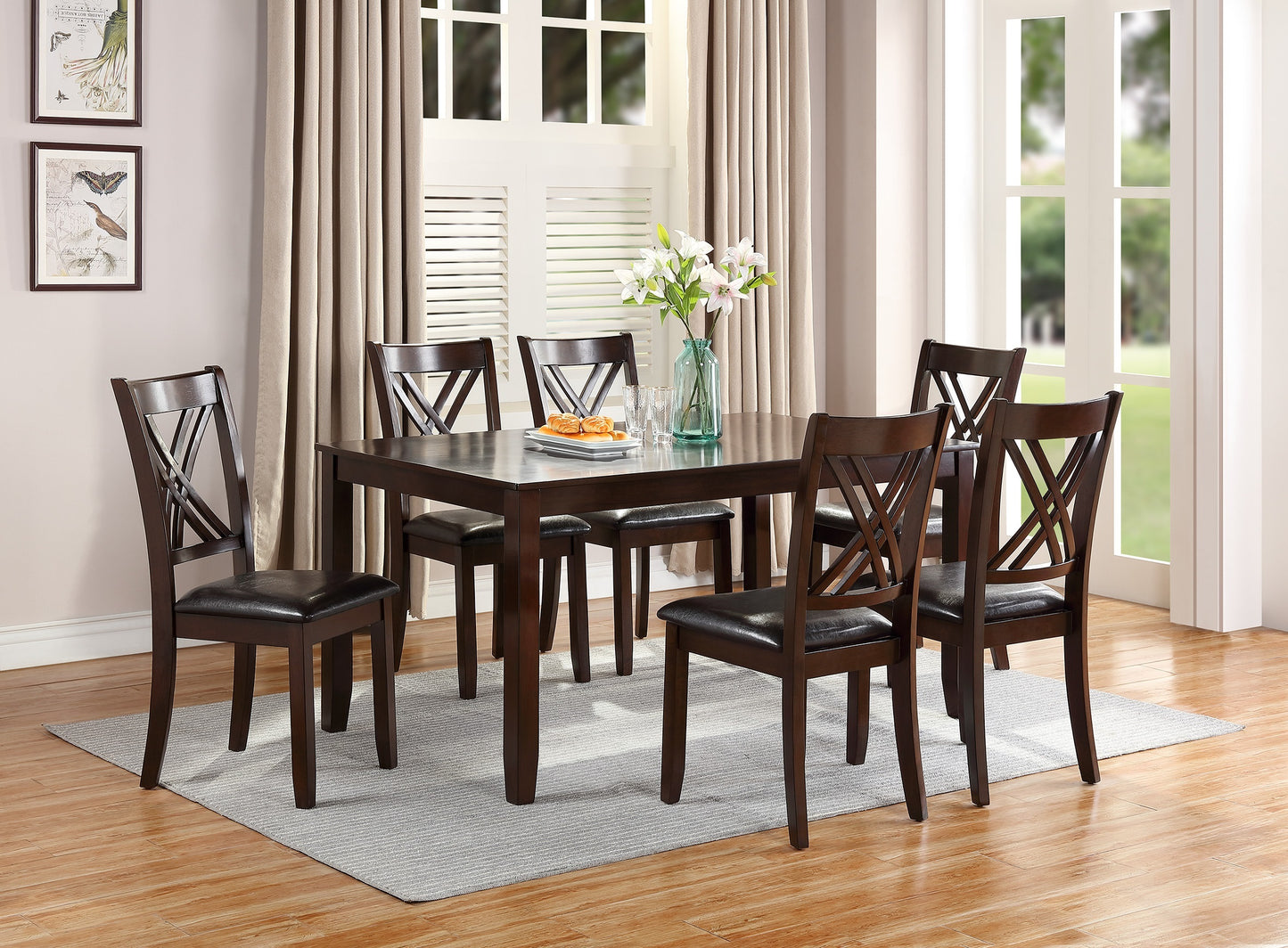 US Local 7pcs Dining Set Dining Table 6 Side Chairs Clean Espresso Finish Cushion Seats X Design Back Chairs
