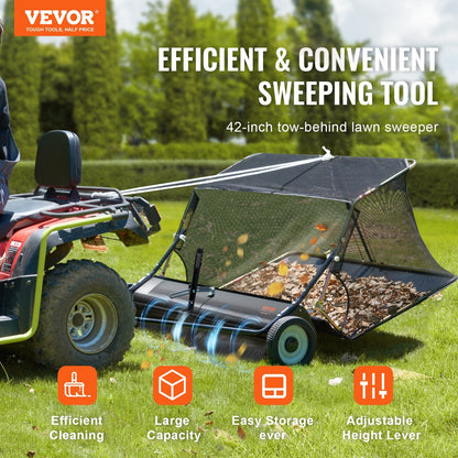 US Local VEVOR Tow-Behind Lawn Sweeper 42-inch Leaf Yard Collector 12 Cu.ft. Adjustable