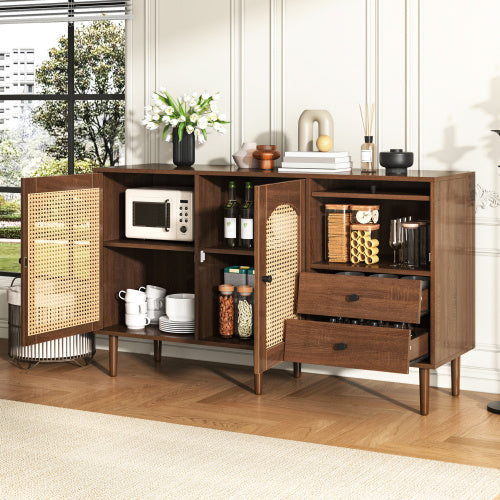 UK Local Country-Style Sideboard With Rattan Doors  130 X 75.5 X 40 Cm  Magnetic Closure, Adjustable Shelves, Sturdy Structure  Elegant And Versatile Design