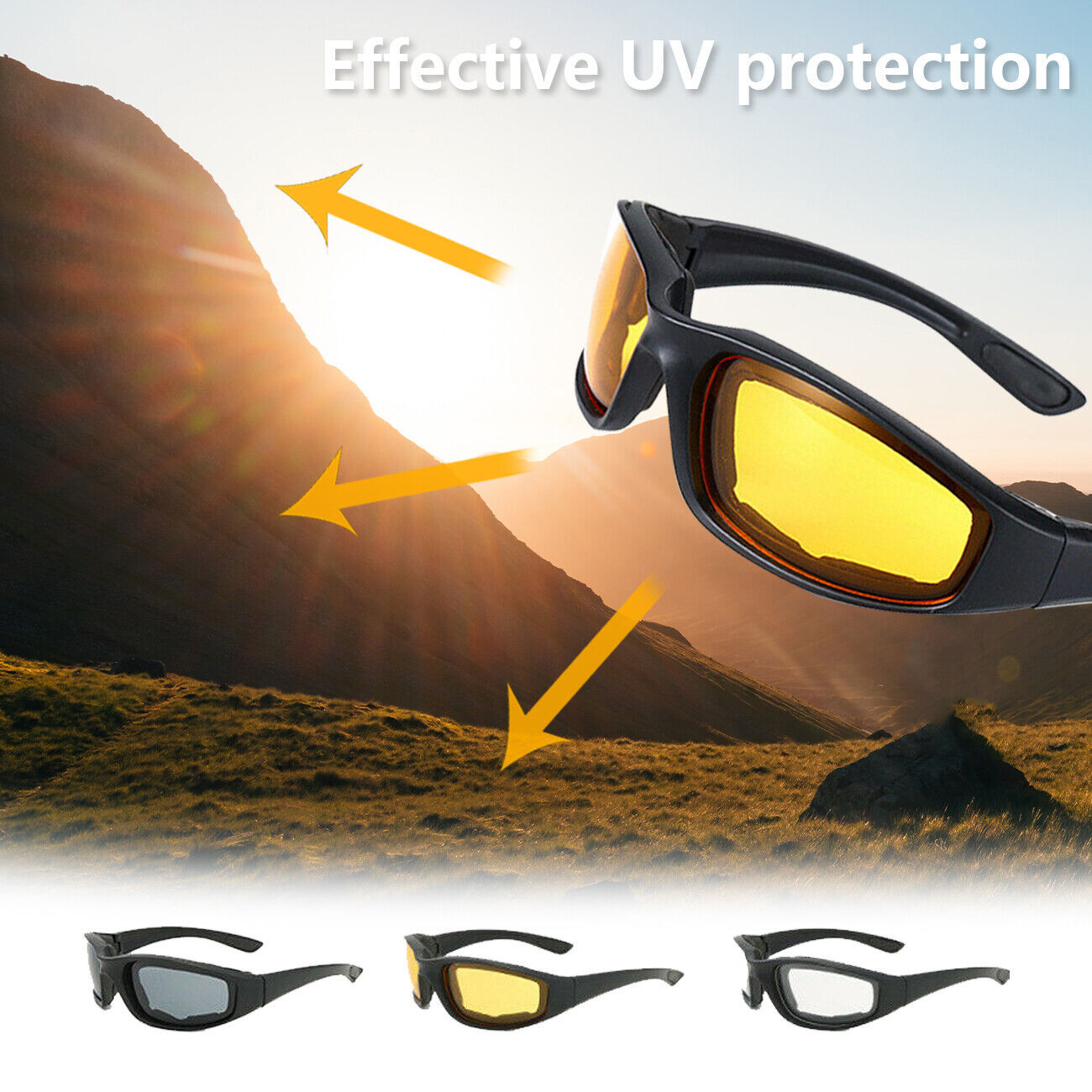 US Local Cycling Sunglasses Chopper Outdoor Sports Glasses For Men Wrap Around UV400 Protection For Fishing Driving Glasses Wind Resistant Clear Yellow Gray Lens 3 Pack