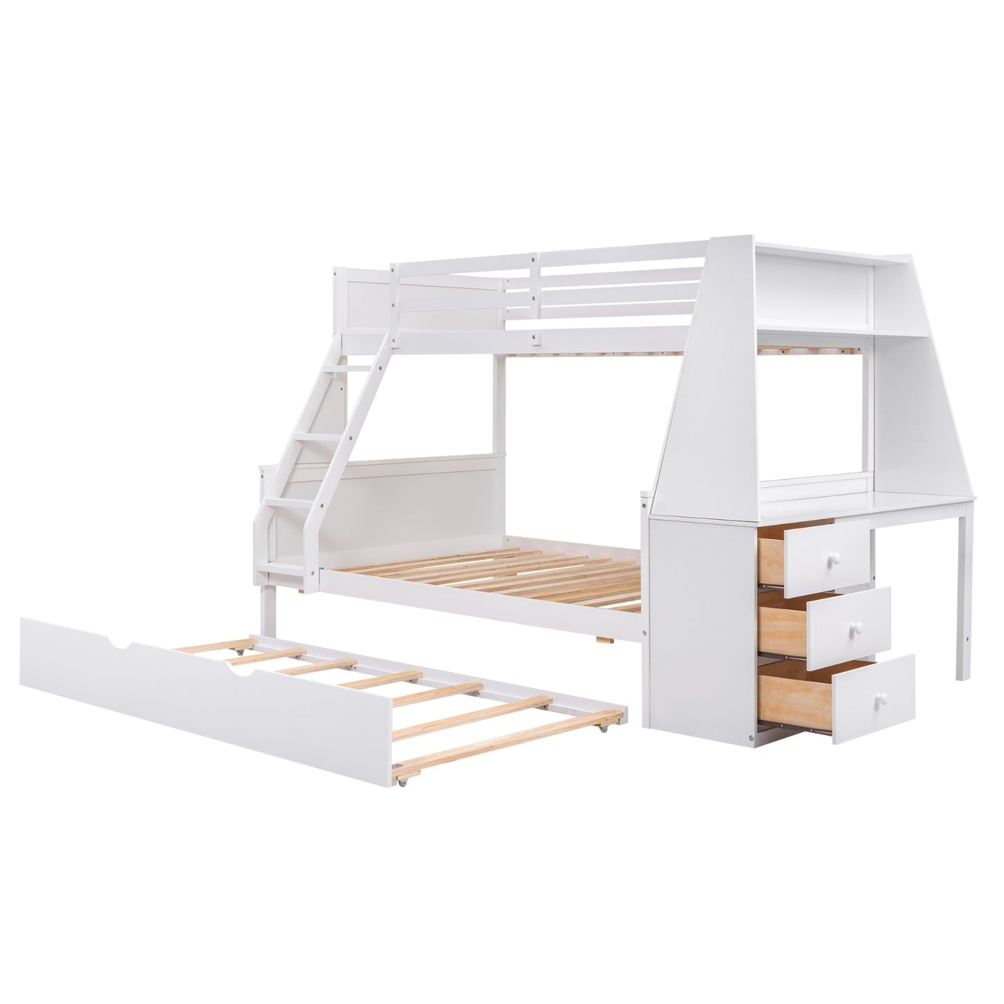 US Local Twin Full Bunk Bed W Trundle, Desk, 3 Drawers  Shelf - White