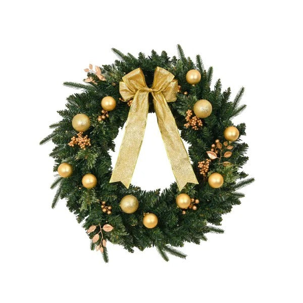 US Local 24in Pre-lit Battery Powered Christmas Wreath With Remote, Lighted Artificial Xmas Wreath With 50 Warm Lights And 120 PVC Tips And Ornaments, For Front Door Gate Wall Xmas Party Decorations S001