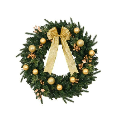 US Local 24in Pre-lit Battery Powered Christmas Wreath With Remote, Lighted Artificial Xmas Wreath With 50 Warm Lights And 120 PVC Tips And Ornaments, For Front Door Gate Wall Xmas Party Decorations S001