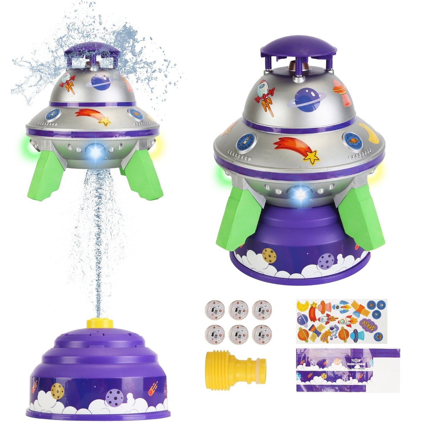 US Local 1Set UFO Water Sprinkler Outdoor Summer Rocket Toy With Colorful LED Lights 360Degree Spinning 1.64FT To 6.56FT Adjustable Height Birthday Summer Gift For Girls Boys Aged 3 Years Old