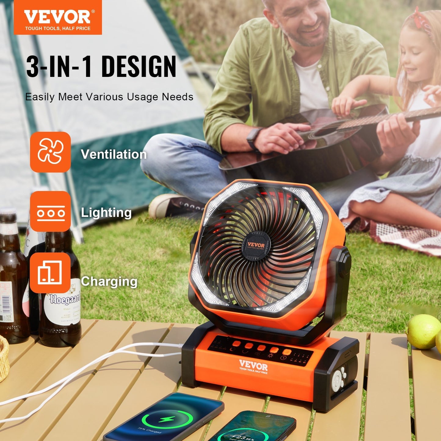US Local VEVOR Portable Fan Rechargeable 9 Inch, Battery Powered Fan With LED Lantern, 4 Speeds Adjustable  Automatic Swivel & Timer , USB Battery Operated Fans For Travel Bedroom Home Camping Office