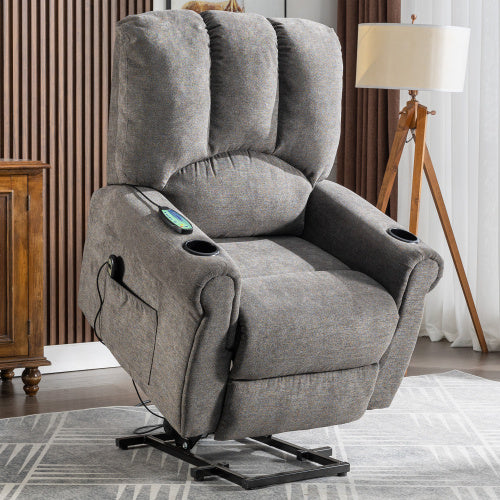 UK Local Electric Lift Grey Senior Chair - Single Motor, Heated Massage, Stand Assist, Storage Pockets, Cup Holders