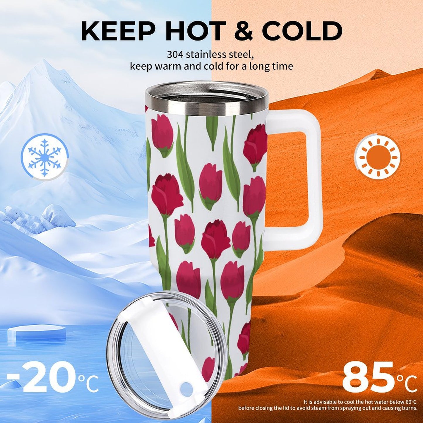 PHDT00445 POD US Local Tumbler 40 oz Large Capacity Car Cup Roses, Red Green