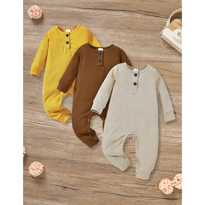 US Local 3-Pack Newborns Infants Baby Boys & Girls Long Sleeve Ribbed Romper Soft Button Front Jumpsuit