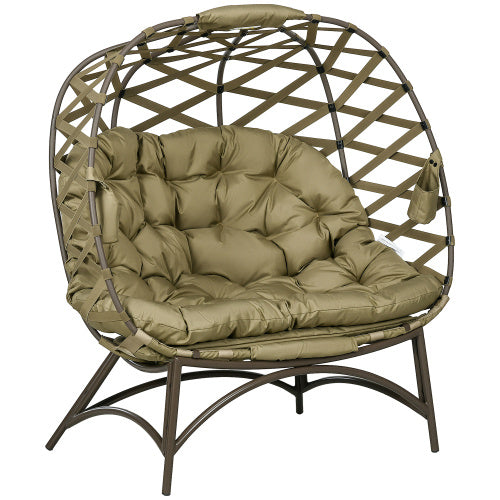 UK Local Outsunny 2 Seater Egg Chair Outdoor, Folding Weave Garden Furniture Chair With Cushion, Cup Pockets - Khaki