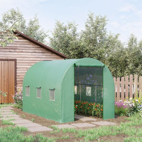 UK Local Outsunny 3.5 X 2m Walk-In Polytunnel Greenhouse, With Steel Frame, PE Cover, Roll-Up Door And 6 Windows, Green