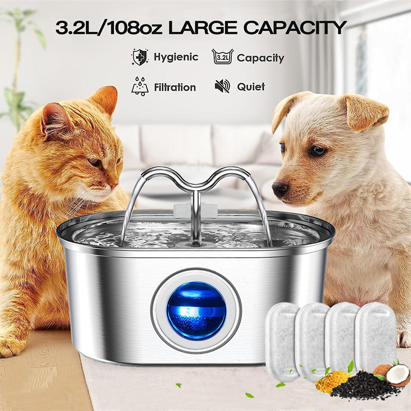 US Local 3.2L Cowhorn Model Pet Water Dispenser - Stainless Steel Automatic Water Fountain With 4 Replaceable Filters