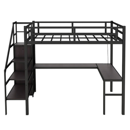 US Local Metal Loft Bed With Wardrobe And Adjustable Shelves