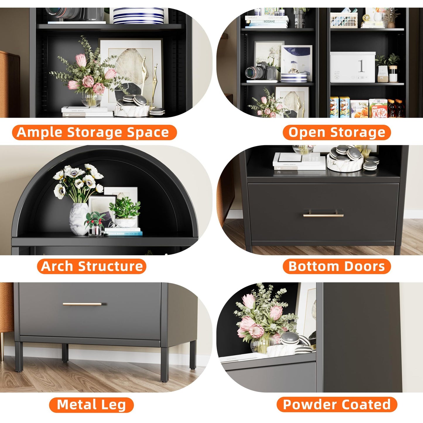 US Local Metal Arched Bookshelf, Accent Arch Kitchen Pantry Cabinet With Drawer For Home Office Bar Living Room Farmhouse ,Black