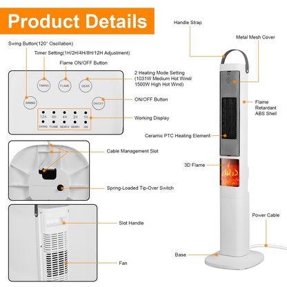 US Local 1500W Oscillating Ceramic Tower Space Heater With 3D Flame Portable Electric Heater With 3 Wind Modes Remote Control 5 Timer Overheat Tip-Over Protection For Bedroom Office