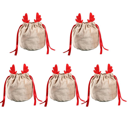US Local 5 Pcs Christmas Velvet Drawstring Candy Gift Bags With Antlers 2 Styles Mini Xmas Present Pouch 7x5 Inch Santa Gift Wrapping Bags