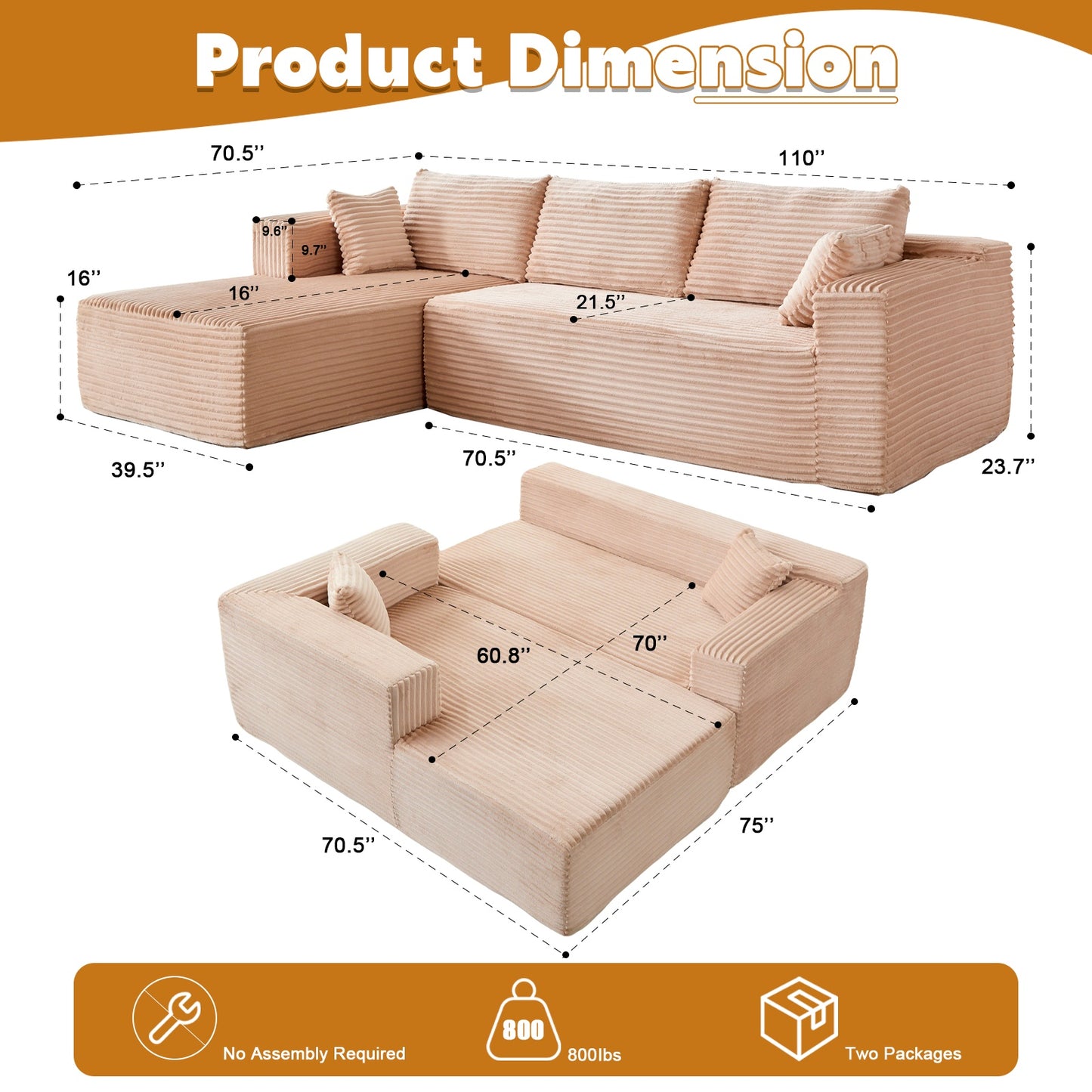 US Local L-Shaped Compression Sofa Bed, Convertible Sectional Sofa With Pillow Back Support - Foldable Floor Couch Lounger, Corduroy Fabric Futon Sleeper For Living Room, Bedroom, Game Room