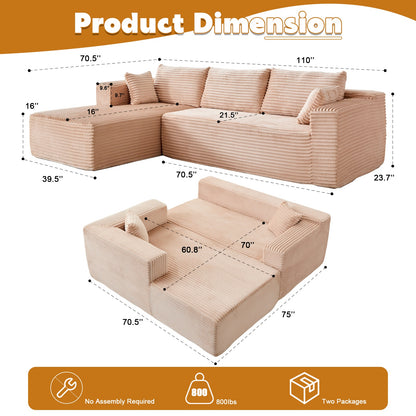 US Local L-Shaped Compression Sofa Bed, Convertible Sectional Sofa With Pillow Back Support - Foldable Floor Couch Lounger, Corduroy Fabric Futon Sleeper For Living Room, Bedroom, Game Room
