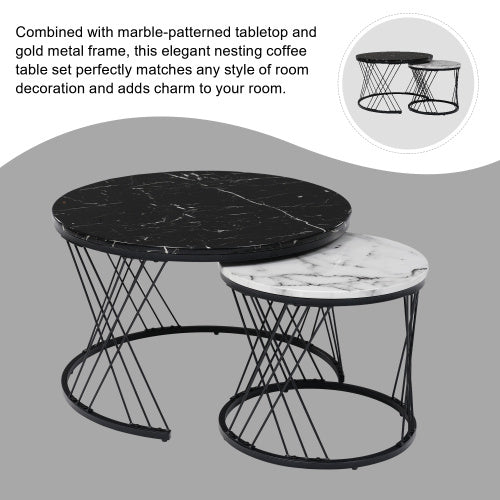 UK Local Round Coffee Table, Modern Coffee Table Set Of 2 Marble Pattern Top With Metal Frame, Small Side Table, End Table For Living Room, Bedroom, Home Office, Farmhouse, White And Black