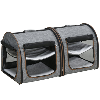 US Local Portable Soft-sided Pet Cat Carrier With Divider, Two Compartments, Padded And Storage Bag, Grey