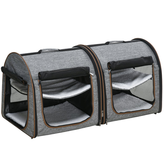 US Local Portable Soft-sided Pet Cat Carrier With Divider, Two Compartments, Padded And Storage Bag, Grey