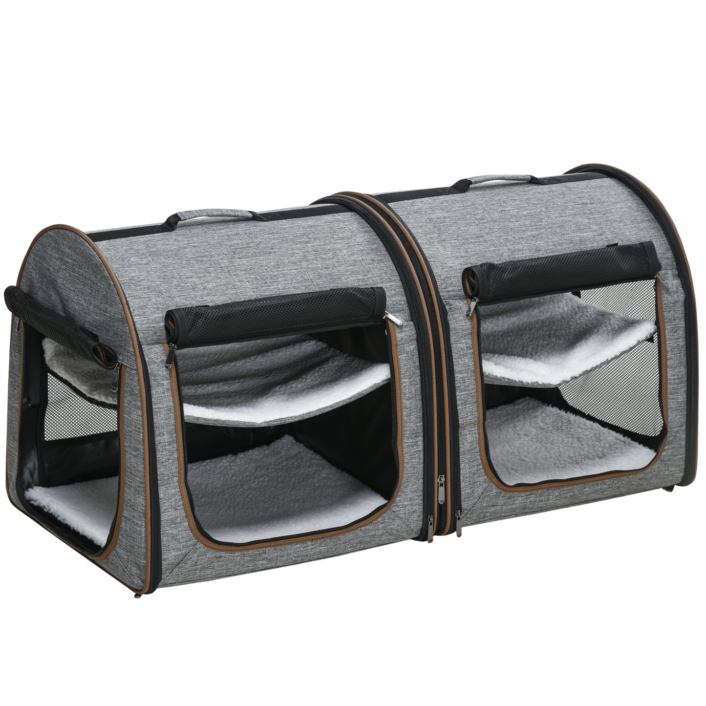 US Local Portable Soft-sided Pet Cat Carrier With Divider, Two Compartments, Padded And Storage Bag, Grey