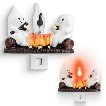 US Local 2 Pcs Ghost Campfire Flickering Flame Night Light Indoor 3D Funny Halloween Nightlight Decoration Bedroom Night Light Halloween Decoration Gift For Friend Family