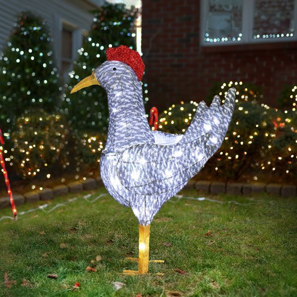 2FT Lighted Christmas Rooster Outdoor Decoration, Weather Proof Plush Rooster Christmas Ornament Home Decor Pre-lit 50 LED White Lights With Stakes