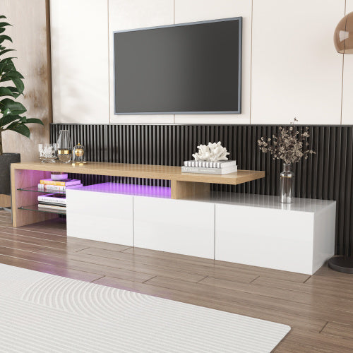 UK Local Modern TV Cabinet Design Stylish And Elegant, Practical Storage, High-gloss White, Wooden Look, Glass Shelves, LED Lighting