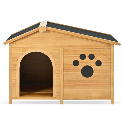 US Local 48 Wooden Dog House Outdoor With Porch, Dog Kennel With Water-Resistant Asphalt Roof And Fencing,Indoor & Outdoor Dog Crate With Paw Print, Medium, Nature