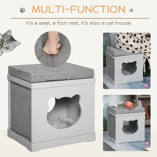 UK Local PawHut Cat House Bed Kitten Cave Cube Indoor For Small Pet With Removable Sisal Scratching Pads Soft Cushions, 41x30x36 Cm, Grey