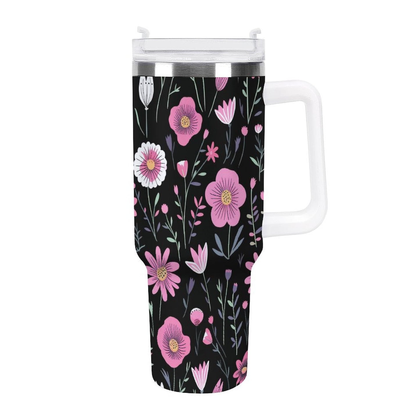 PHDT00211 POD US Local Tumbler 40oz Large Capacity Car Cup Flower Branches, Pink, Black