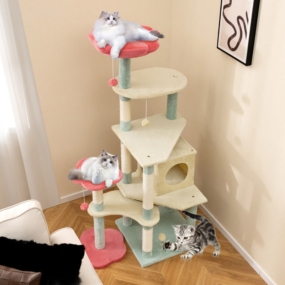 US Local 61 Inch Multi-Level Aesthetic Floral Kitten Tower With Flower-Shaped Padded Perch