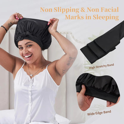 US Local Silk Bonnet For Sleeping Women, Satin Hair Bonnet For Sleeping For Wavy Curly Natural Hair Women Men - Black