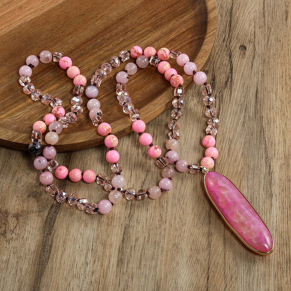 Natural Stone Glass Knotted Necklace Oval Agate Pendant Necklace Sweater Chain