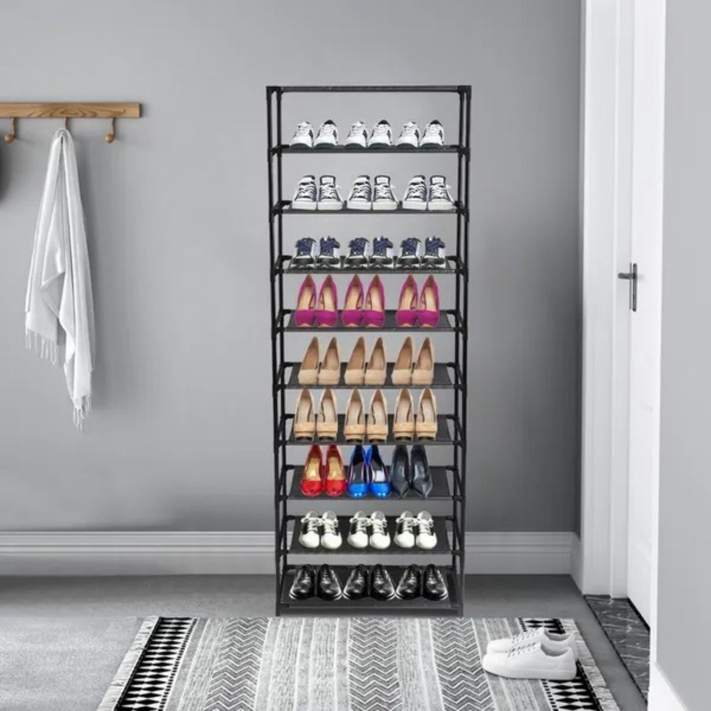 US Local 10 Tier Stackable Shoe Rack Storage Shelves - Stainless Steel Frame Holds 50 Pairs Of Shoes