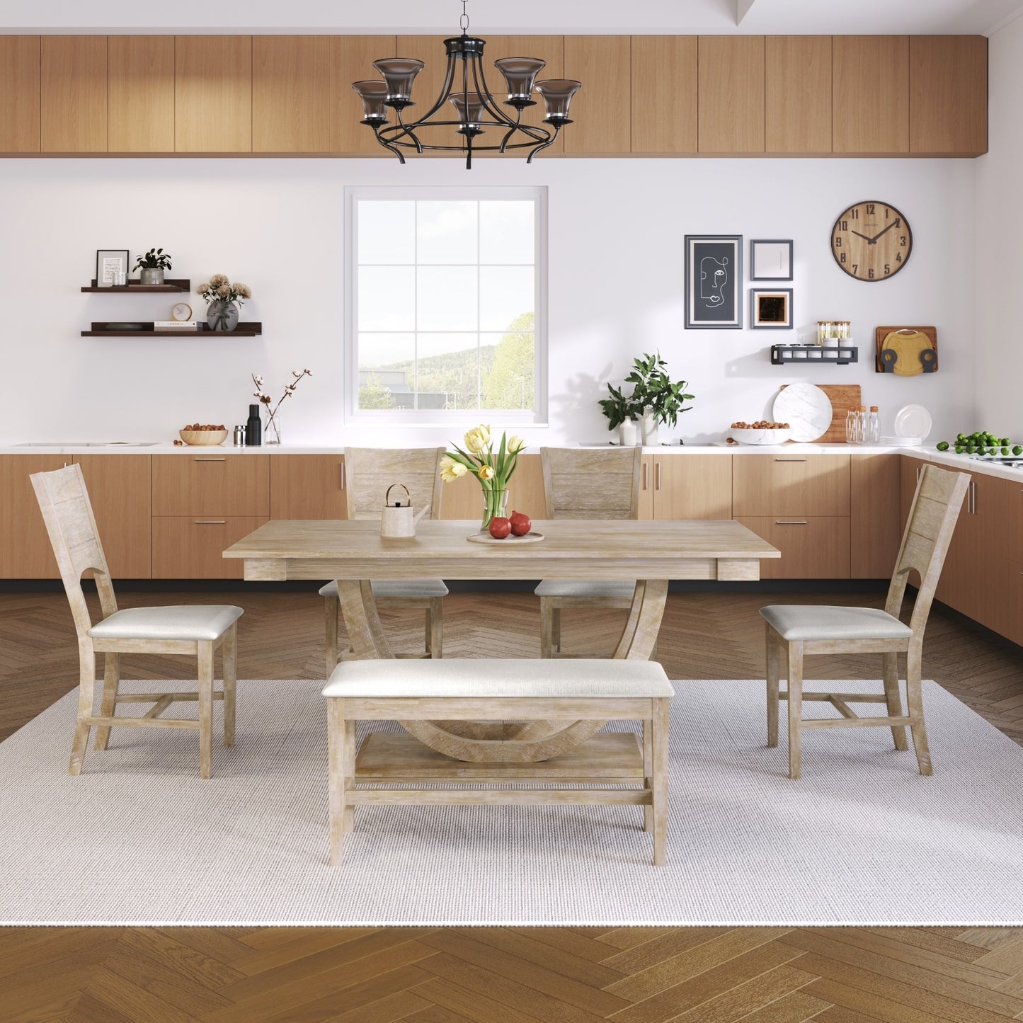 US Local TOPMAX 6-Piece Wood Half Round Dining Table Set With Long Bench & 4 Chairs