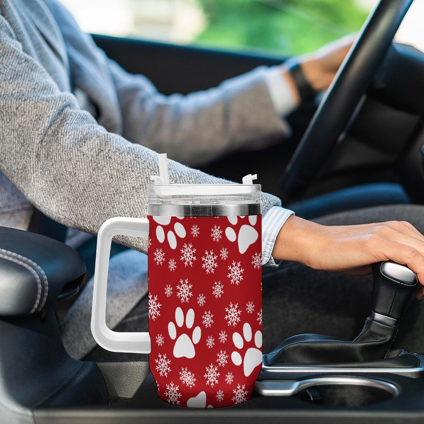 PHDT00313 POD US Local Tumbler 40 oz Large Capacity Car Cup Christmas Snowflakes Cats Dogs Paws Snowflakes Red