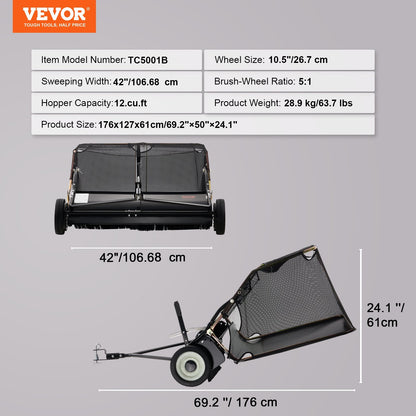 US Local VEVOR Tow-Behind Lawn Sweeper 42-inch Leaf Yard Collector 12 Cu.ft. Adjustable