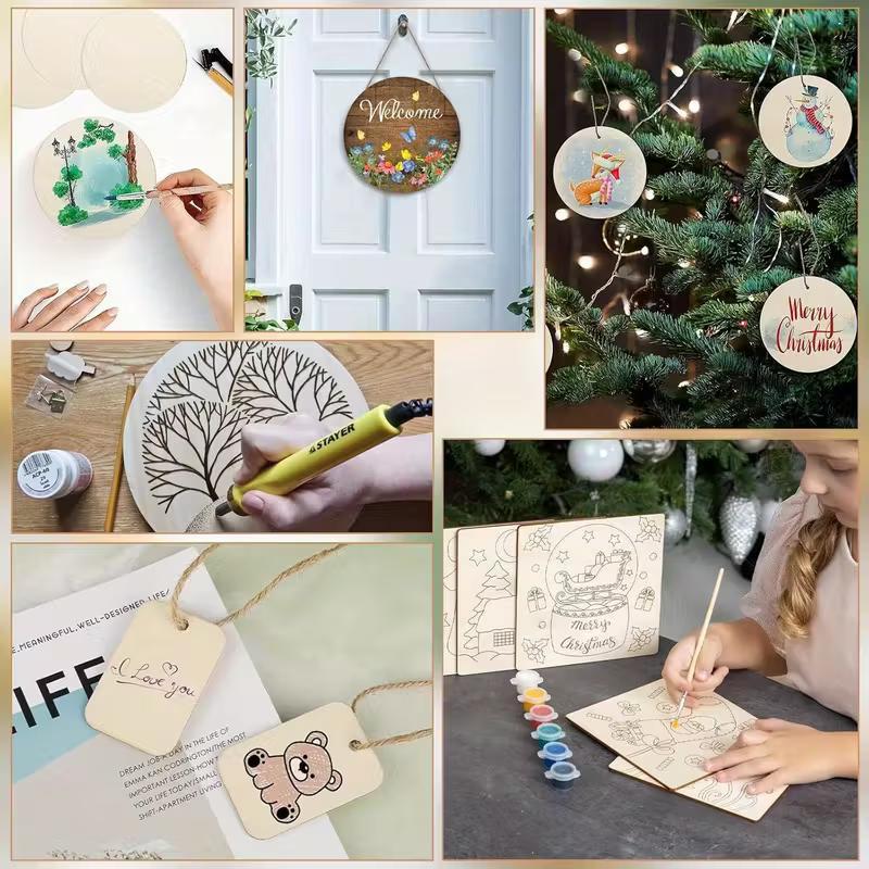 US Local 65-piece Unfinished Wooden Set, Craft Materials, Mixed-shape Wood Chips, Blank Decorative Plaques, Wooden Plaques For Drawing And Writing.