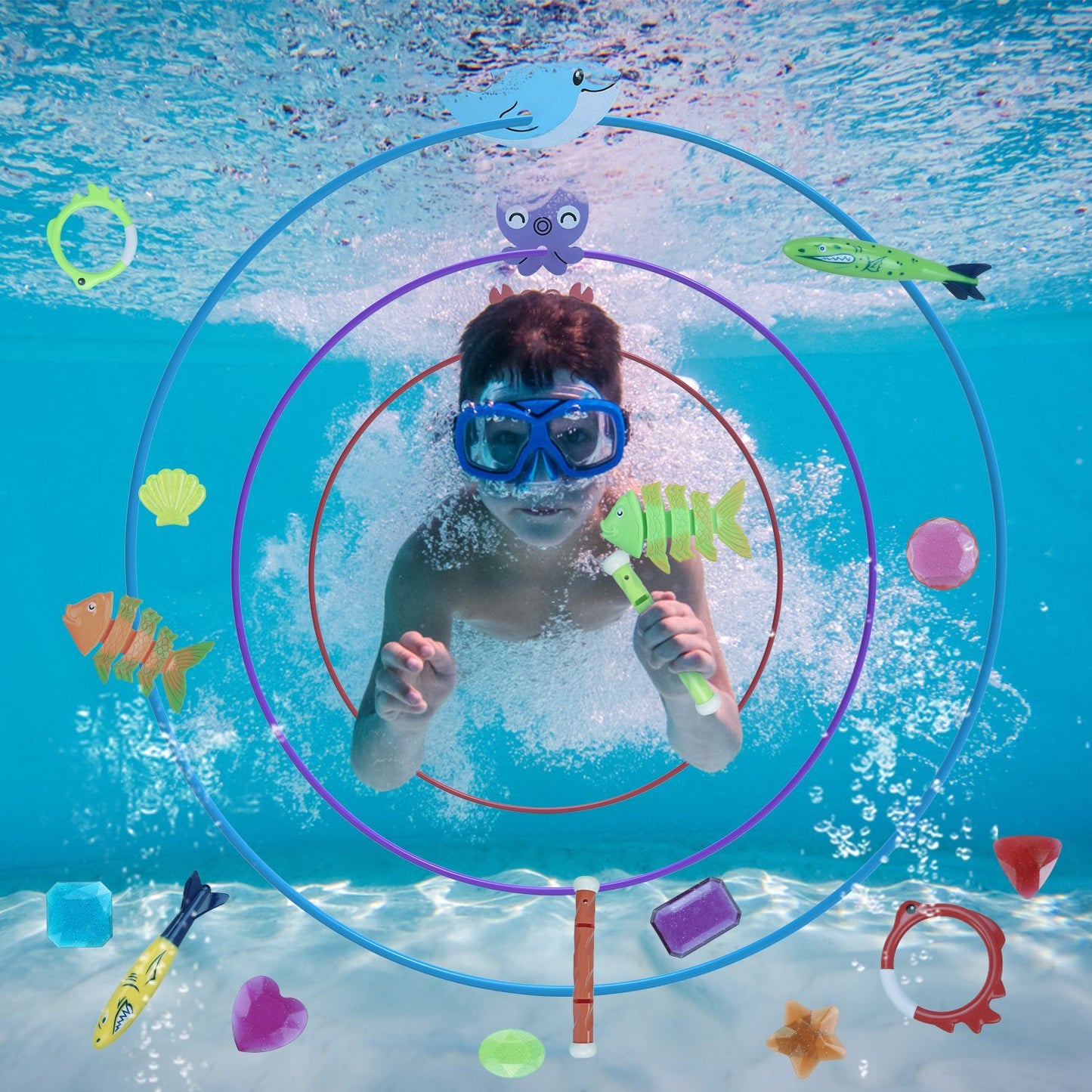 US Local Set Of 24Pcs Diving Toys Swimming Pool Toys Swim Toys For Kids Above Aged 3 Years Old Swim Thru Rings Torpedoes Gems Volleyball Storage Bag