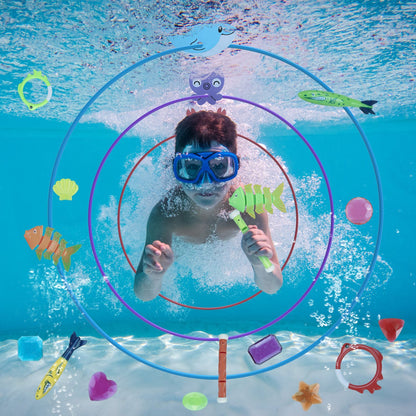 US Local Set Of 24Pcs Diving Toys Swimming Pool Toys Swim Toys For Kids Above Aged 3 Years Old Swim Thru Rings Torpedoes Gems Volleyball Storage Bag