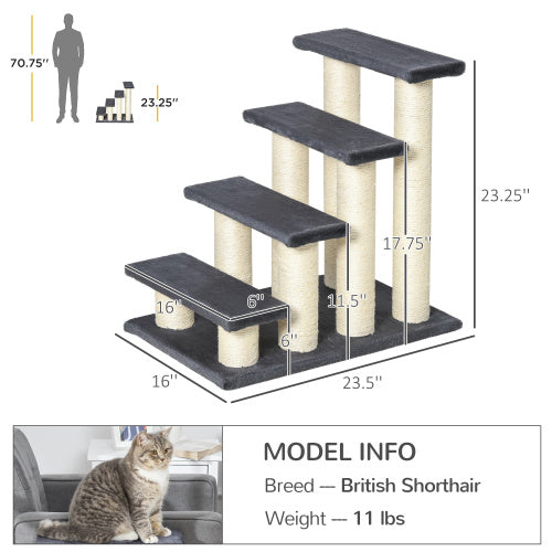 US Local PawHut Cat Tree With 4 Steps For High Beds Couch, Cute Stair Shaped Cat Tree For Indoor Cats Or Dogs W Sisal Scratching Post, Climbing, Playing, Gray