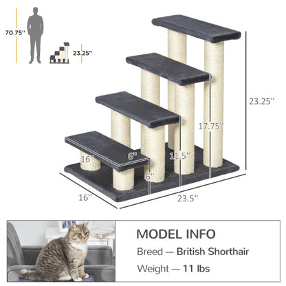 US Local PawHut Cat Tree With 4 Steps For High Beds Couch, Cute Stair Shaped Cat Tree For Indoor Cats Or Dogs W Sisal Scratching Post, Climbing, Playing, Gray