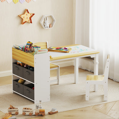 US Local Desk And Chair Set With Paper Roll, Kids Activity Craft Table With Storage Shelves And Drawers, Natural Wood