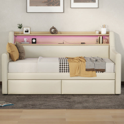 US Local Twin Size Daybed With Storage Drawers, Upholstered Daybed With Charging Station And LED Lights, Beige