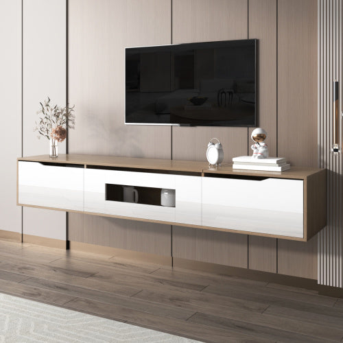 UK Local TV Cabinet, High Gloss TV Cabinet, Color Matching High-glosswhite And Wood Color, With Color Changing LED Light.