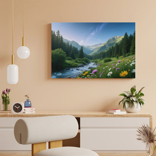 POD US Local Decor Interior Frame Painting Horizontal, Mountain river starry summer