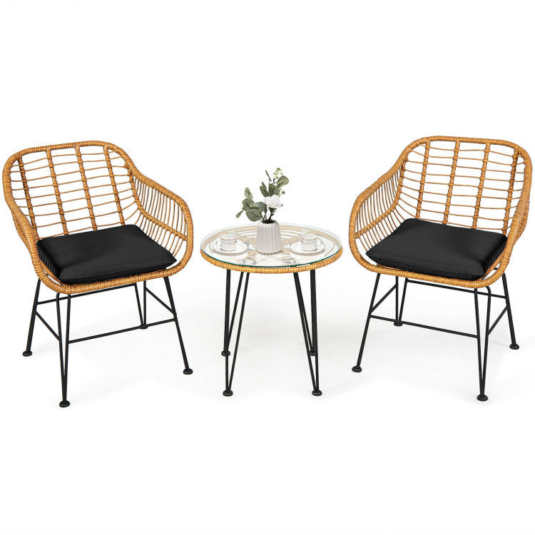 US Local 3 Pieces Rattan Furniture Set With Cushioned Chair Table