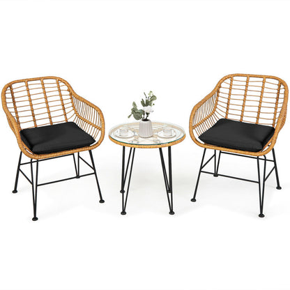 US Local 3 Pieces Rattan Furniture Set With Cushioned Chair Table
