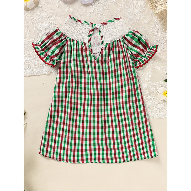 US Local Toddler Infant Baby Girls Christmas Dress Short Sleeve Christmas Tree Embroidered Plaid Casual Party Dresses